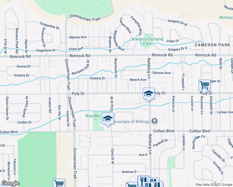 map of restaurants, bars, coffee shops, grocery stores, and more near 3198 Poly Drive in Billings