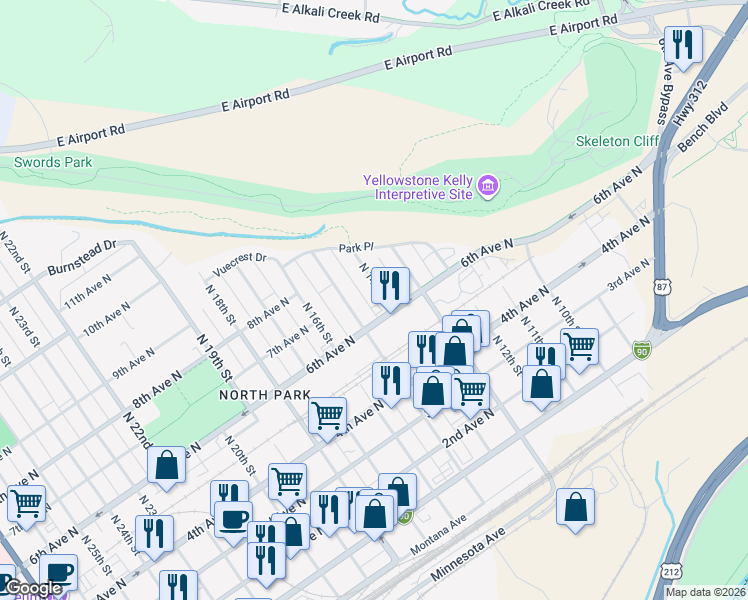 map of restaurants, bars, coffee shops, grocery stores, and more near 620 North 14th Street in Billings