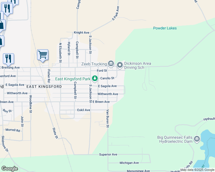 map of restaurants, bars, coffee shops, grocery stores, and more near 899 E Sagola Ave in Kingsford