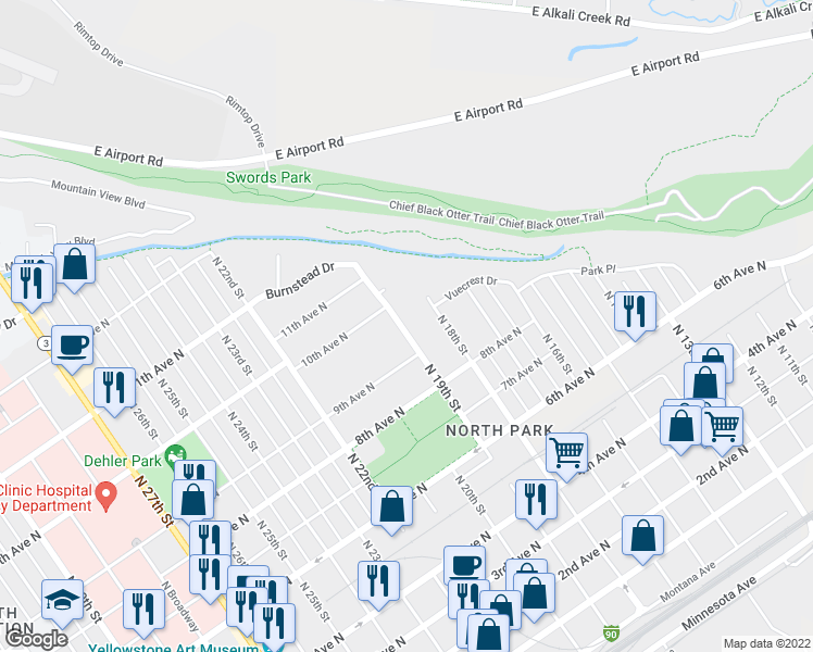 map of restaurants, bars, coffee shops, grocery stores, and more near 915 North 19th Street in Billings