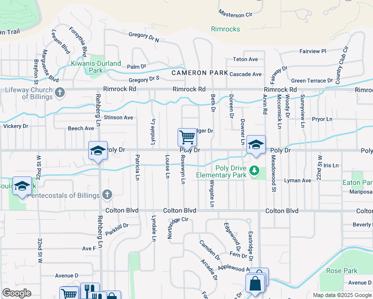map of restaurants, bars, coffee shops, grocery stores, and more near 2501 Bridger Drive in Billings