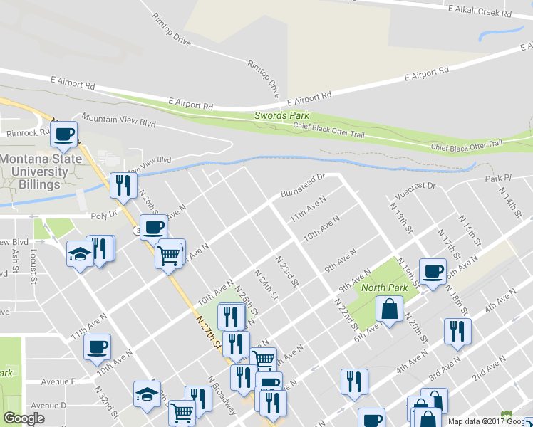 map of restaurants, bars, coffee shops, grocery stores, and more near 1034 North 22nd Street in Billings