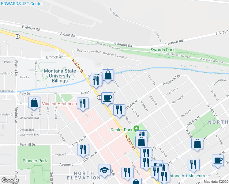 map of restaurants, bars, coffee shops, grocery stores, and more near 2515 12th Avenue North in Billings