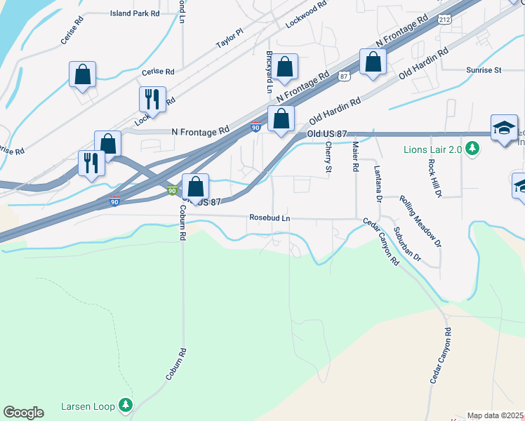 map of restaurants, bars, coffee shops, grocery stores, and more near 1506 Rosebud Lane in Billings