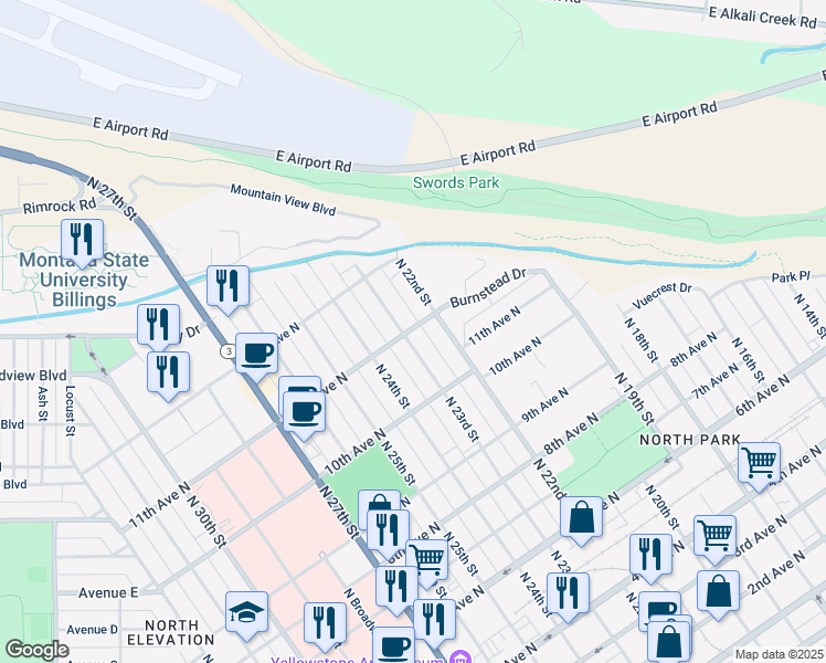 map of restaurants, bars, coffee shops, grocery stores, and more near 1034 North 22nd Street in Billings