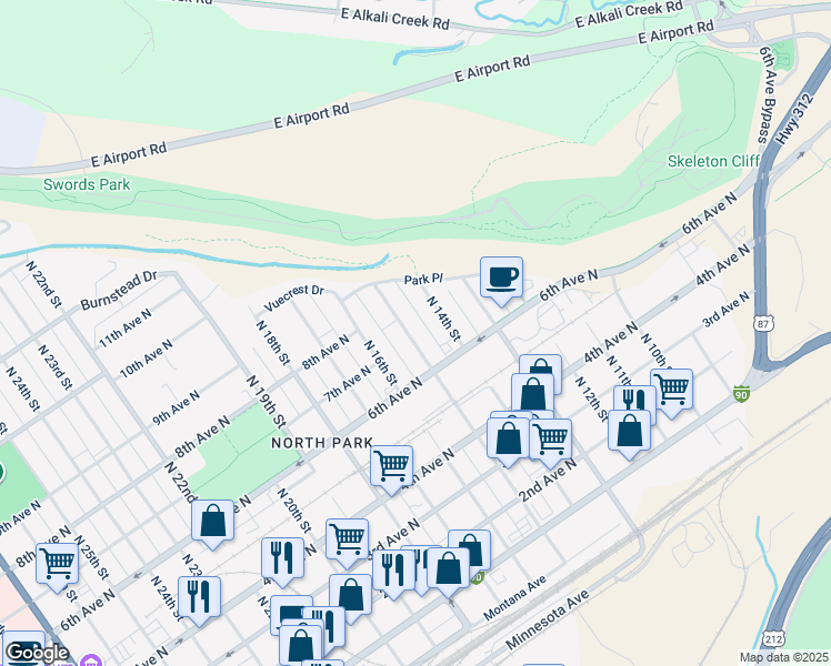 map of restaurants, bars, coffee shops, grocery stores, and more near 701 North 15th Street in Billings