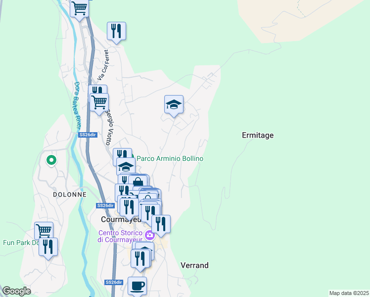 map of restaurants, bars, coffee shops, grocery stores, and more near 20 Strada per Plan Gorret in Courmayeur