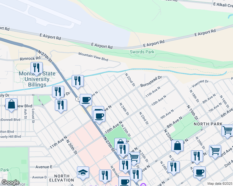 map of restaurants, bars, coffee shops, grocery stores, and more near 1117 North 24th Street in Billings