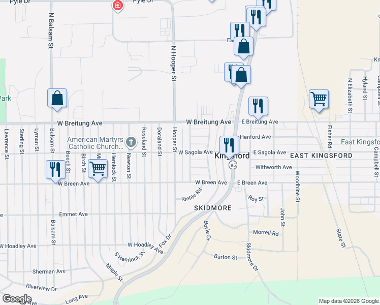 map of restaurants, bars, coffee shops, grocery stores, and more near 201 Pinehurst Street in Kingsford