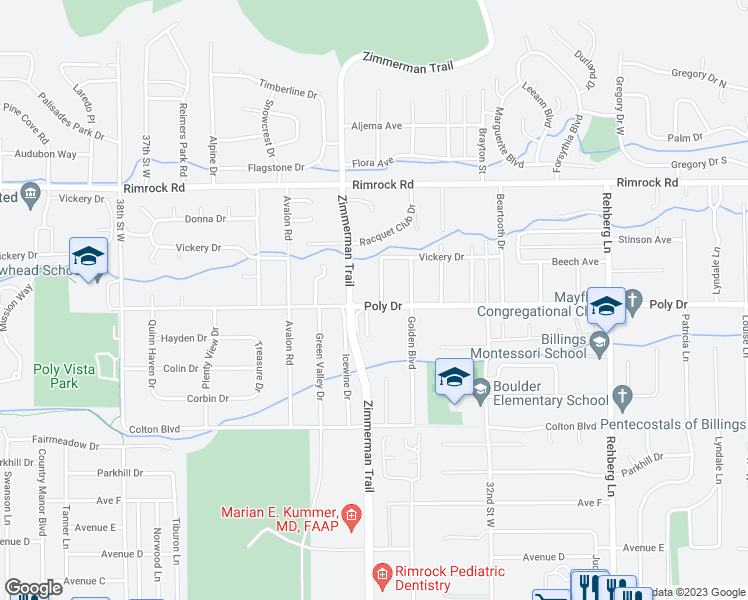 map of restaurants, bars, coffee shops, grocery stores, and more near 3329 Poly Drive in Billings