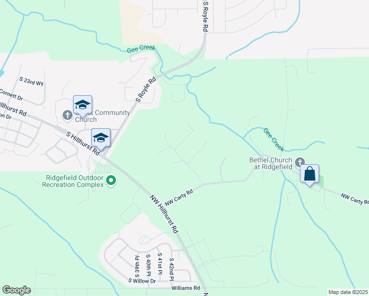 map of restaurants, bars, coffee shops, grocery stores, and more near 24009 Northwest Meuller Road in Ridgefield