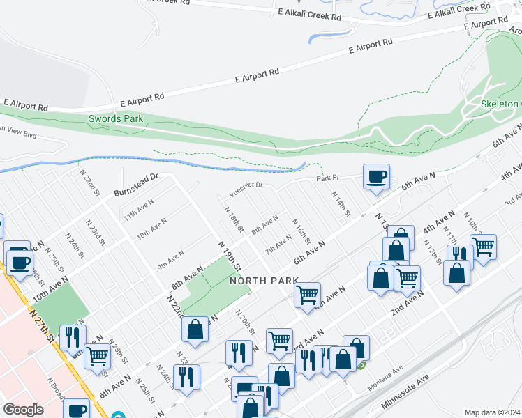 map of restaurants, bars, coffee shops, grocery stores, and more near 821 North 17th Street in Billings