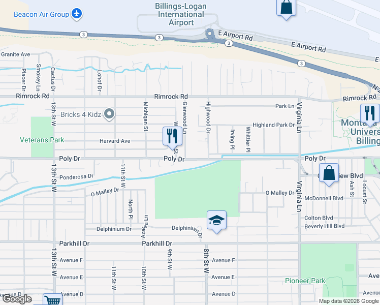 map of restaurants, bars, coffee shops, grocery stores, and more near 827 Poly Drive in Billings