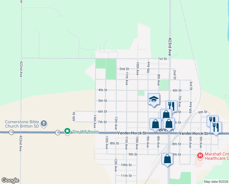 map of restaurants, bars, coffee shops, grocery stores, and more near 400-498 12th Avenue in Britton