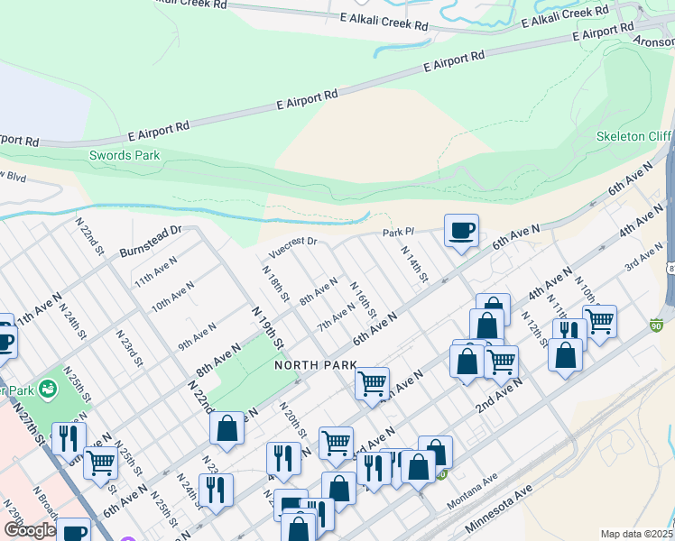 map of restaurants, bars, coffee shops, grocery stores, and more near 811 North 17th Street in Billings