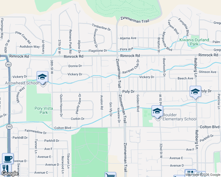 map of restaurants, bars, coffee shops, grocery stores, and more near 3444 Poly Drive in Billings