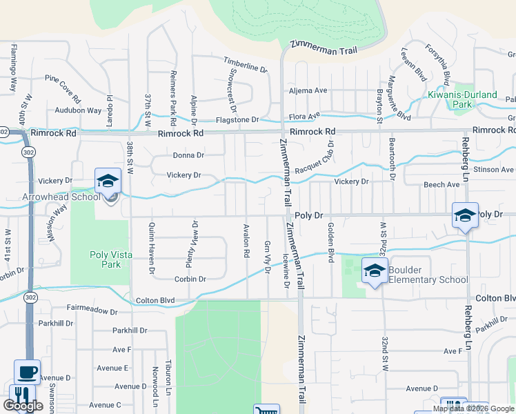 map of restaurants, bars, coffee shops, grocery stores, and more near 3441 Poly Drive in Billings