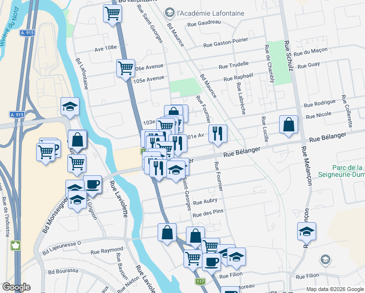 map of restaurants, bars, coffee shops, grocery stores, and more near 159 100e Avenue in Saint-Jérôme