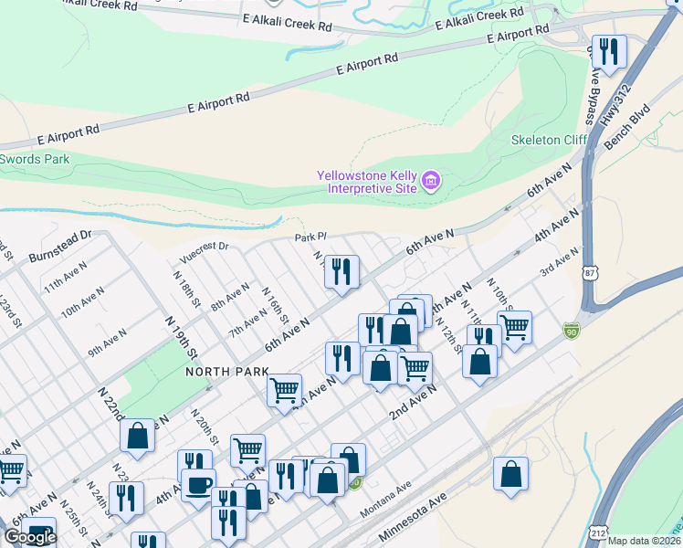 map of restaurants, bars, coffee shops, grocery stores, and more near 620 North 14th Street in Billings