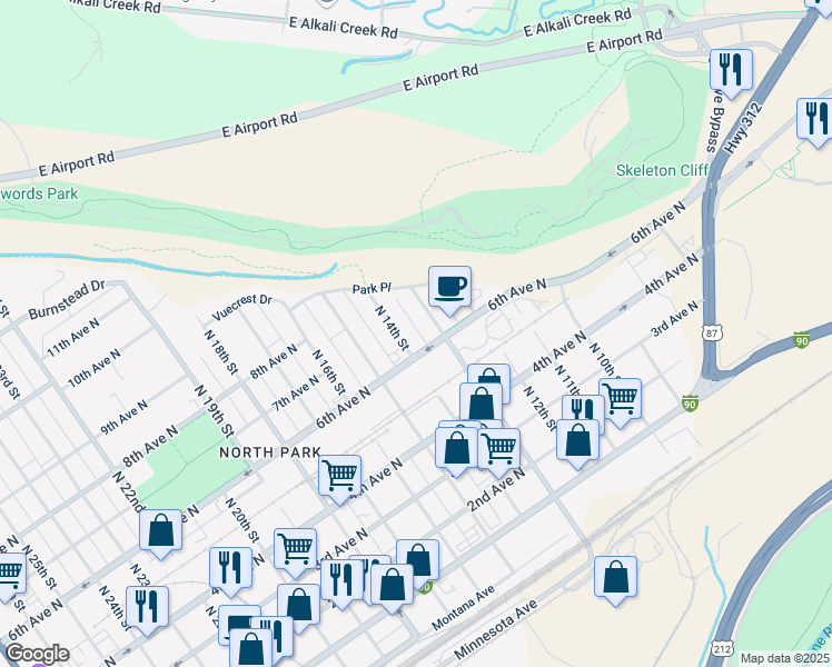map of restaurants, bars, coffee shops, grocery stores, and more near 1300 6th Avenue North in Billings