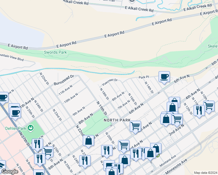 map of restaurants, bars, coffee shops, grocery stores, and more near 825 North 18th Street in Billings