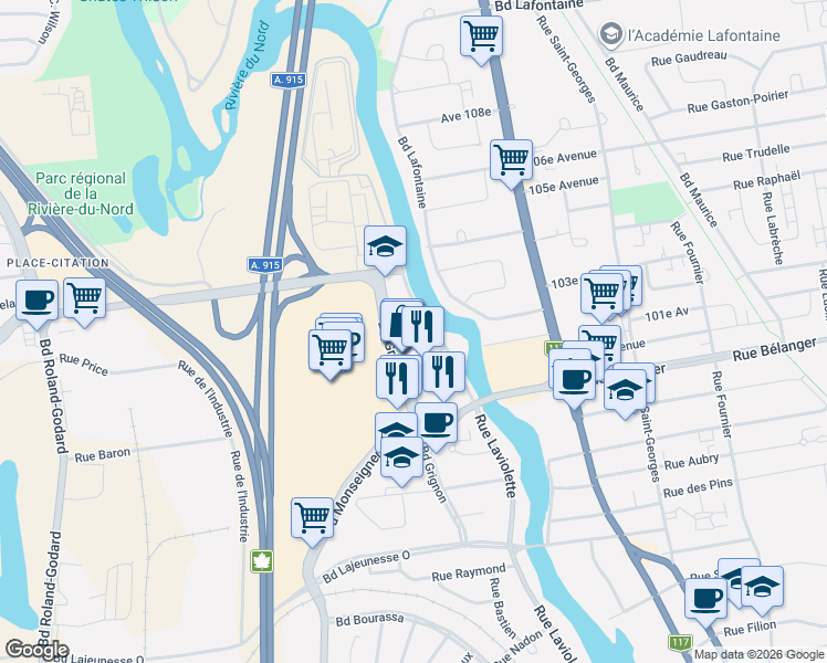 map of restaurants, bars, coffee shops, grocery stores, and more near 163 Rue Albert in Saint-Jã©Rã´Me
