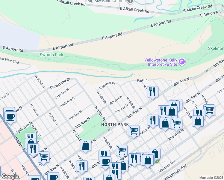 map of restaurants, bars, coffee shops, grocery stores, and more near 811 North 17th Street in Billings