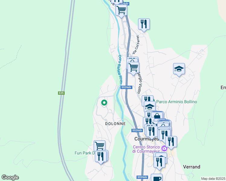 map of restaurants, bars, coffee shops, grocery stores, and more near 2 Via Dela Setado in Courmayeur