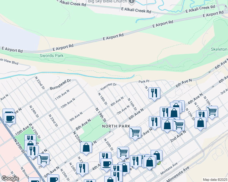 map of restaurants, bars, coffee shops, grocery stores, and more near 841 North 17th Street in Billings