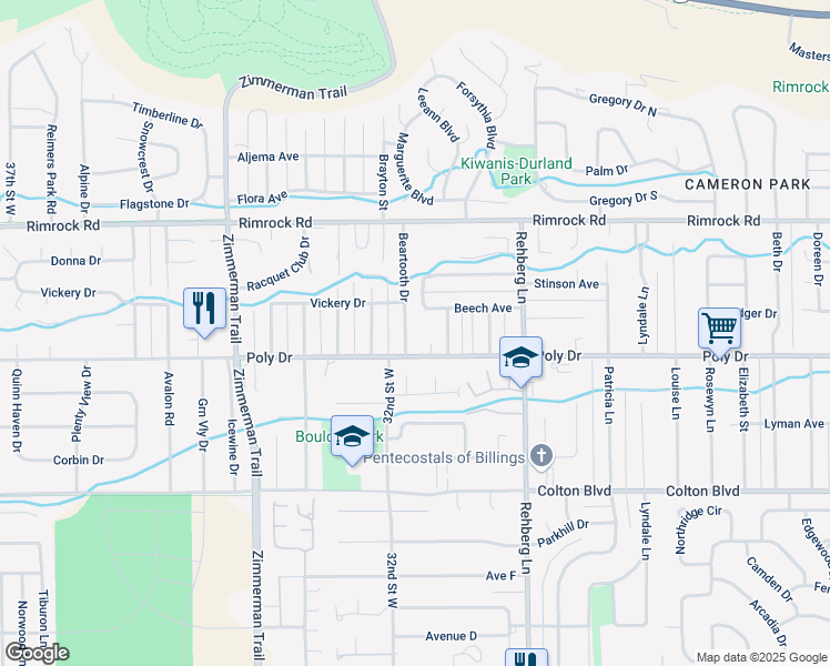 map of restaurants, bars, coffee shops, grocery stores, and more near 3122-3198 Poly Drive in Billings