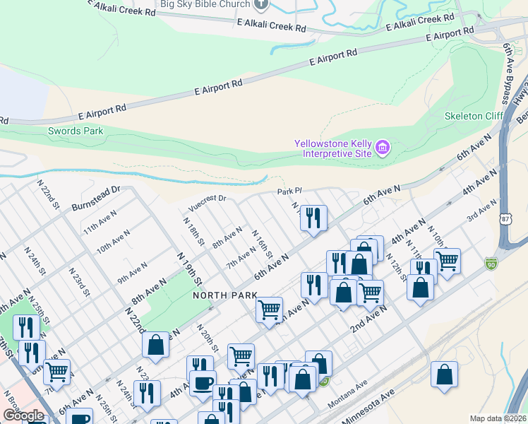 map of restaurants, bars, coffee shops, grocery stores, and more near 804 North 15th Street in Billings