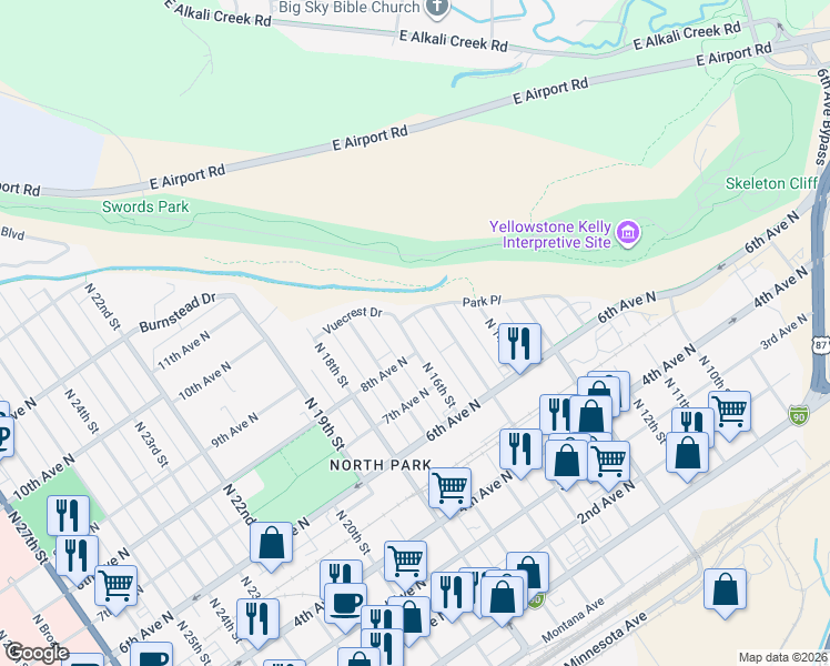 map of restaurants, bars, coffee shops, grocery stores, and more near 715 North 16th Street in Billings