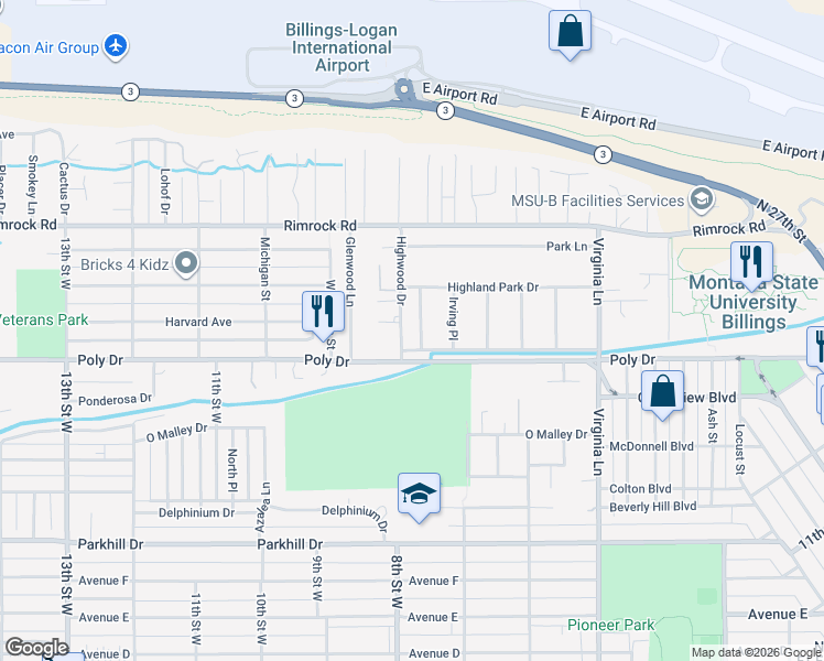 map of restaurants, bars, coffee shops, grocery stores, and more near 2501-2539 Highwood Dr in Billings