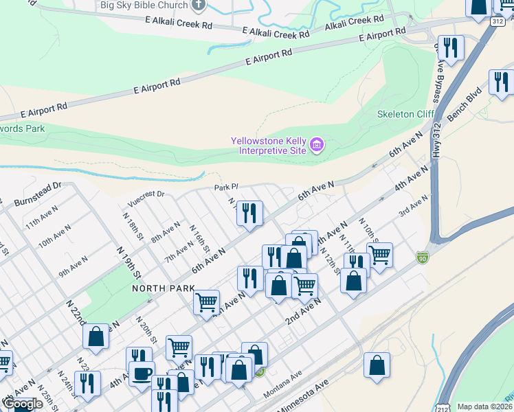 map of restaurants, bars, coffee shops, grocery stores, and more near 627 North 13th Street in Billings