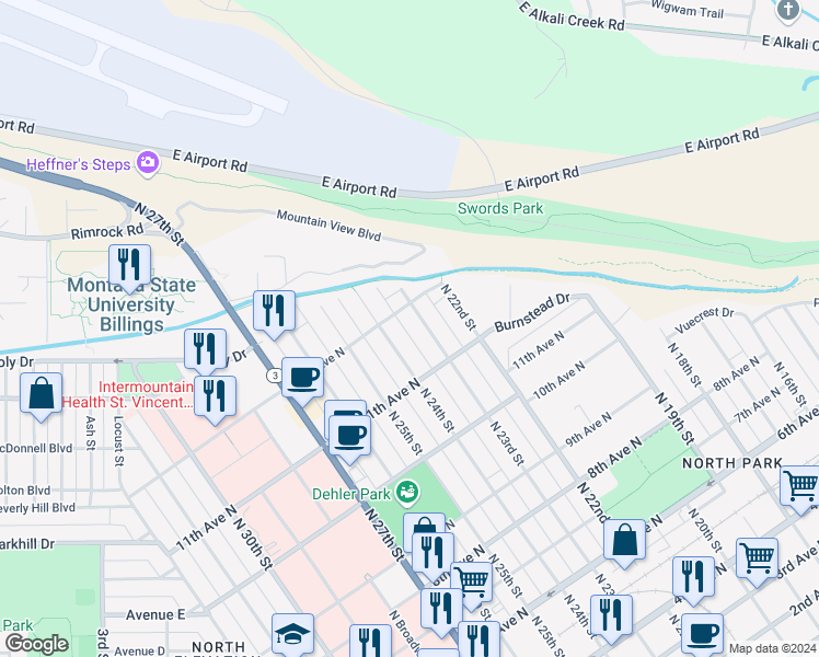 map of restaurants, bars, coffee shops, grocery stores, and more near 1130 North 23rd Street in Billings