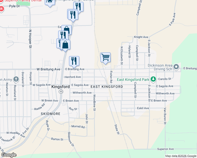 map of restaurants, bars, coffee shops, grocery stores, and more near 151-199 Woodbine Street in Kingsford