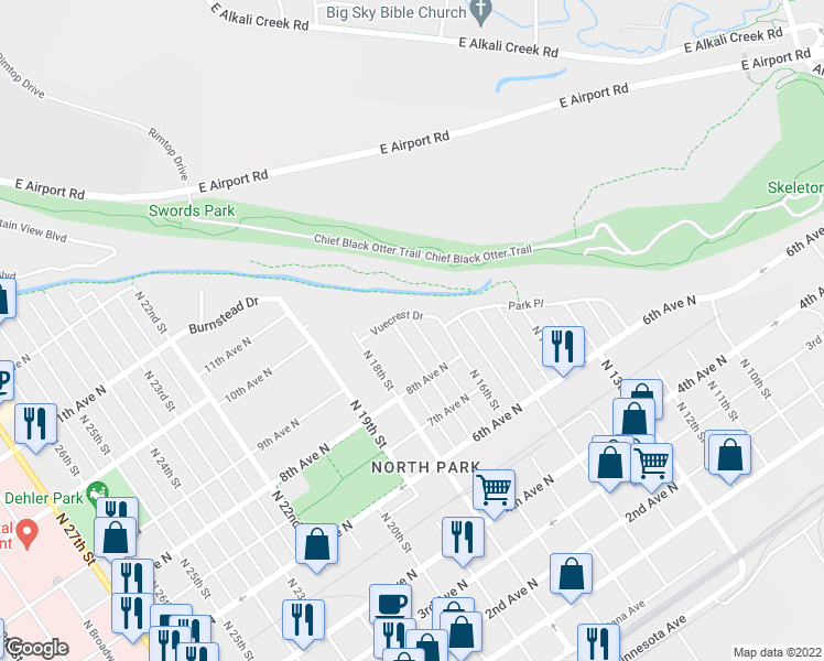 map of restaurants, bars, coffee shops, grocery stores, and more near 937 North 17th Street in Billings