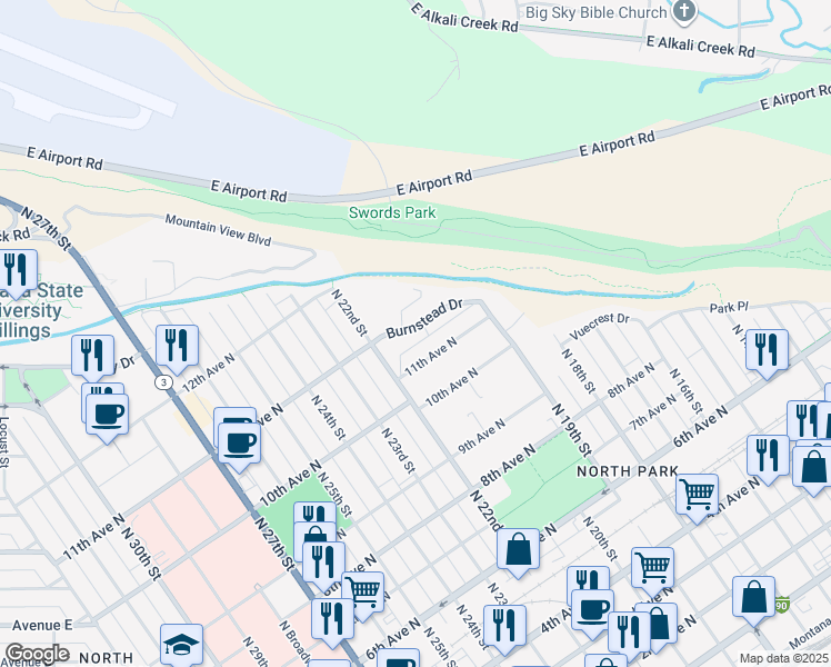 map of restaurants, bars, coffee shops, grocery stores, and more near 1103 Sunnyside Lane in Billings