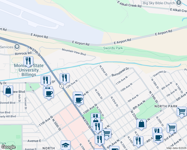 map of restaurants, bars, coffee shops, grocery stores, and more near 2307 12th Avenue North in Billings