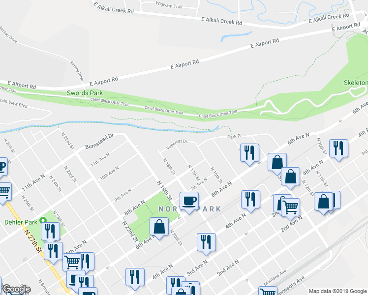 map of restaurants, bars, coffee shops, grocery stores, and more near 1679 Vuecrest Drive in Billings