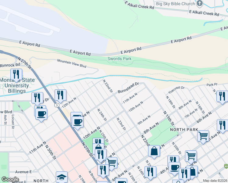 map of restaurants, bars, coffee shops, grocery stores, and more near 1105 North 22nd Street in Billings