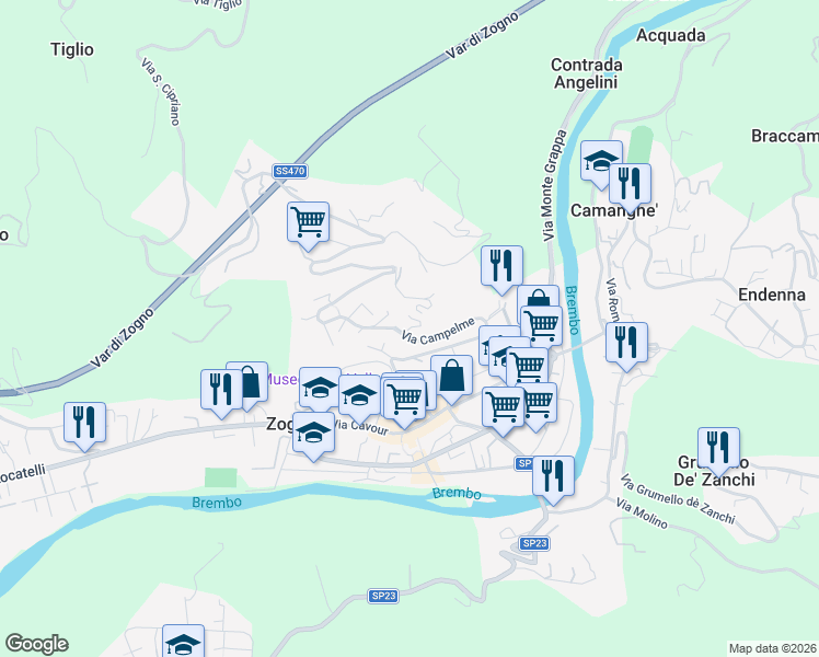 map of restaurants, bars, coffee shops, grocery stores, and more near 2 Via Cornella in Provincia di Bergamo