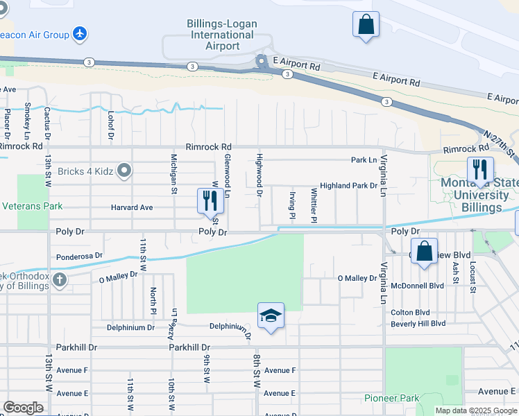 map of restaurants, bars, coffee shops, grocery stores, and more near 2625 Highwood Drive in Billings