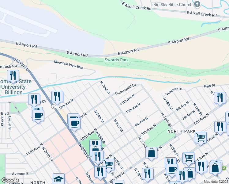 map of restaurants, bars, coffee shops, grocery stores, and more near 1103 Sunnyside Lane in Billings