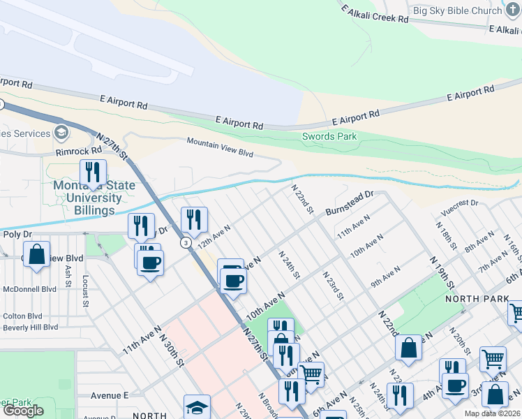 map of restaurants, bars, coffee shops, grocery stores, and more near 2307 12th Avenue North in Billings