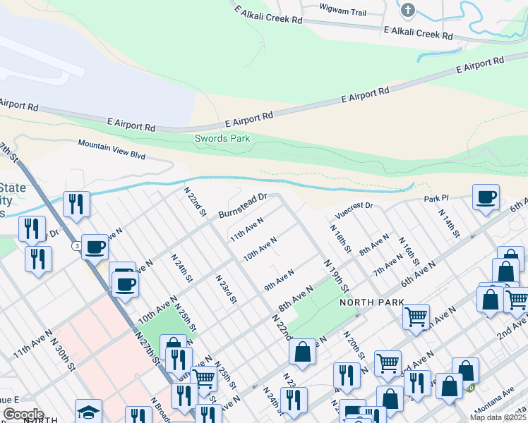 map of restaurants, bars, coffee shops, grocery stores, and more near 1923 11th Avenue North in Billings