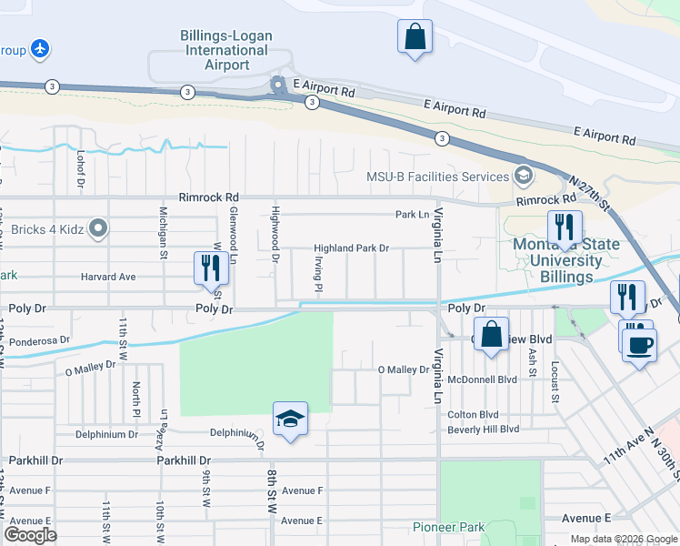 map of restaurants, bars, coffee shops, grocery stores, and more near 630 Highland Park Drive in Billings