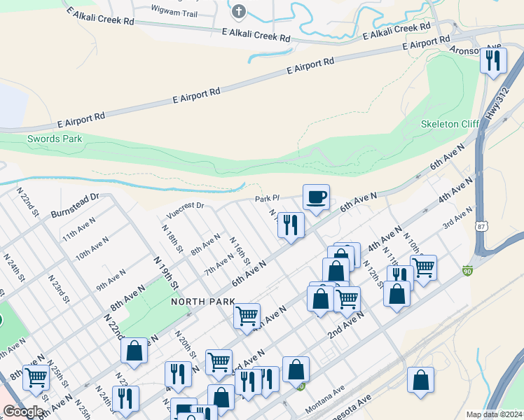 map of restaurants, bars, coffee shops, grocery stores, and more near 728 North 14th Street in Billings