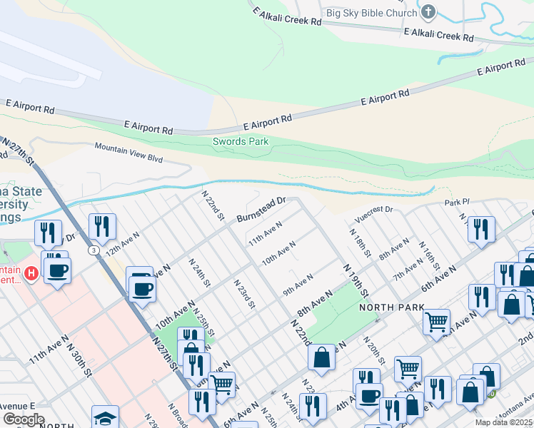 map of restaurants, bars, coffee shops, grocery stores, and more near 2022 Burnstead Drive in Billings