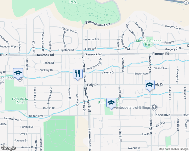 map of restaurants, bars, coffee shops, grocery stores, and more near 2613 Copper Boulevard in Billings